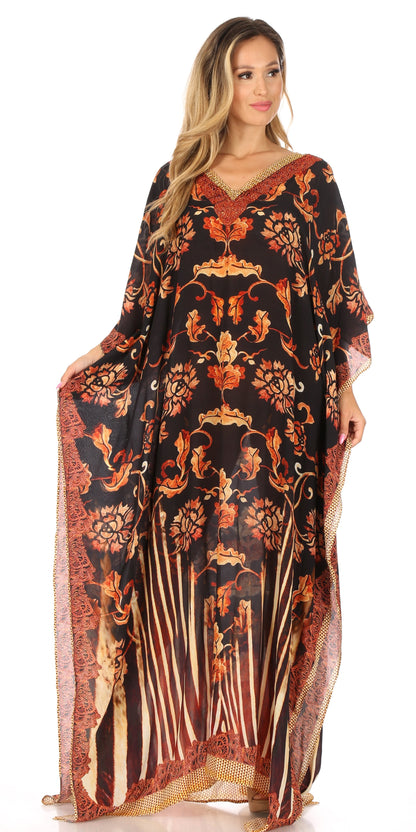 Sakkas Anahi Flowy Design V Neck Long Caftan Dress / Cover Up With Rhinestone