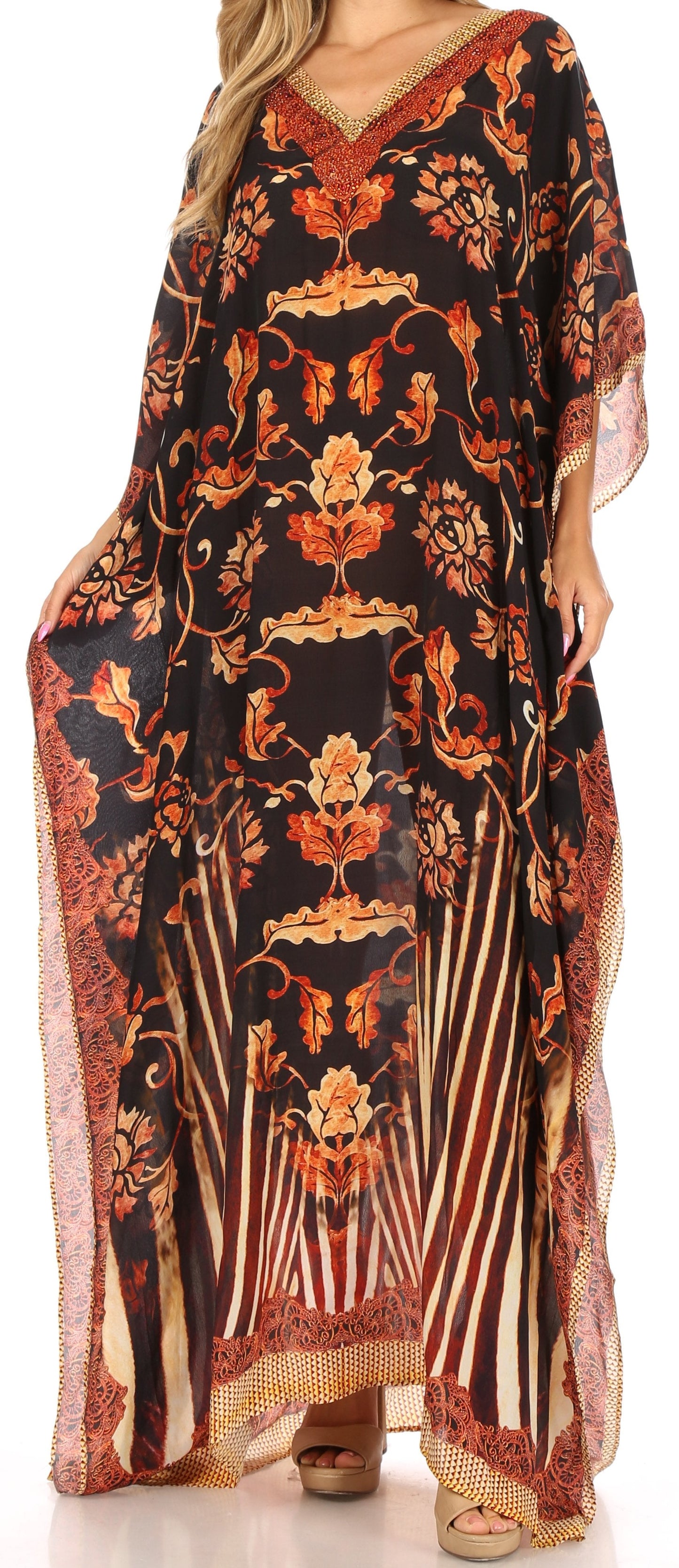 Sakkas Anahi Flowy Design V Neck Long Caftan Dress / Cover Up With Rhinestone