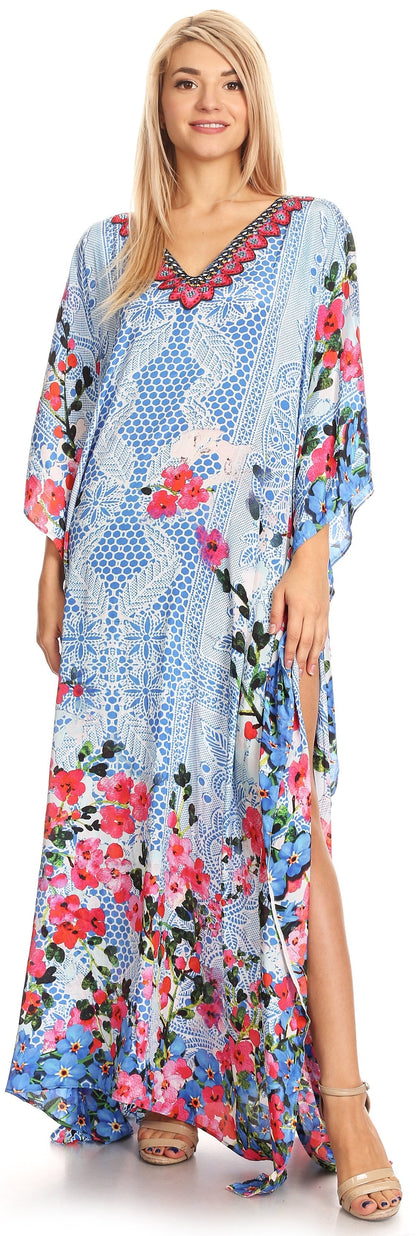 Sakkas Anahi Flowy Design V Neck Long Caftan Dress / Cover Up With Rhinestone