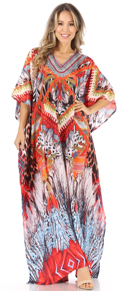 Sakkas Anahi Flowy Design V Neck Long Caftan Dress / Cover Up With Rhinestone