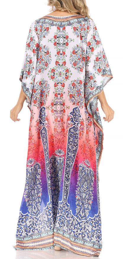 Sakkas Anahi Flowy Design V Neck Long Caftan Dress / Cover Up With Rhinestone