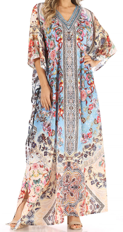 Sakkas Anahi Flowy Design V Neck Long Caftan Dress / Cover Up With Rhinestone