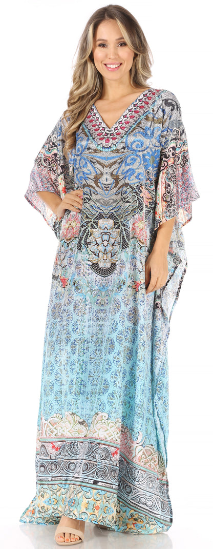 Sakkas Anahi Flowy Design V Neck Long Caftan Dress / Cover Up With Rhinestone