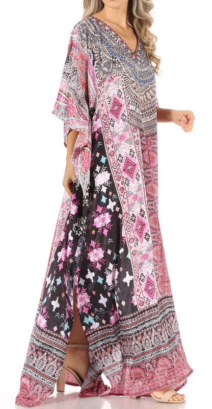 Sakkas Anahi Flowy Design V Neck Long Caftan Dress / Cover Up With Rhinestone