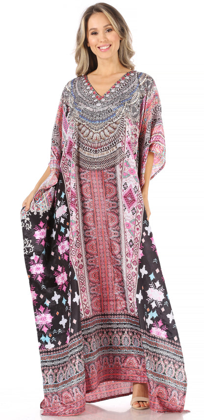 Sakkas Anahi Flowy Design V Neck Long Caftan Dress / Cover Up With Rhinestone