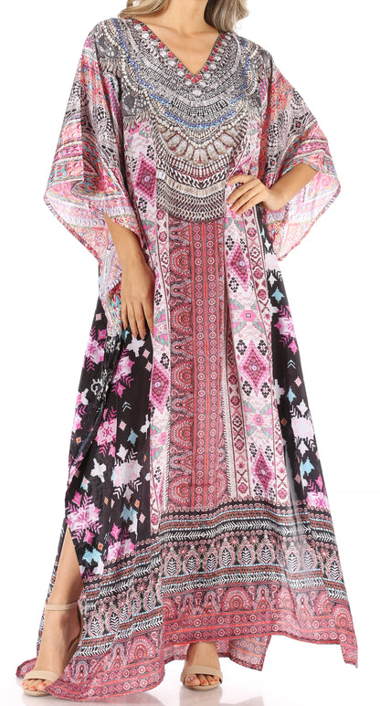 Sakkas Anahi Flowy Design V Neck Long Caftan Dress / Cover Up With Rhinestone