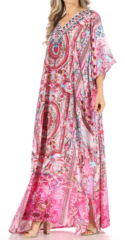 Sakkas Anahi Flowy Design V Neck Long Caftan Dress / Cover Up With Rhinestone