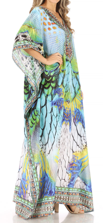 Sakkas Anahi Flowy Design V Neck Long Caftan Dress / Cover Up With Rhinestone