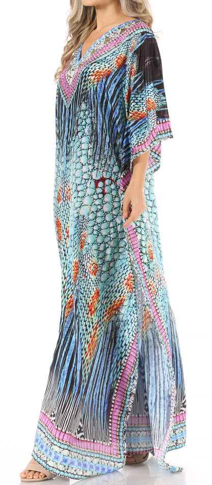 Sakkas Anahi Flowy Design V Neck Long Caftan Dress / Cover Up With Rhinestone