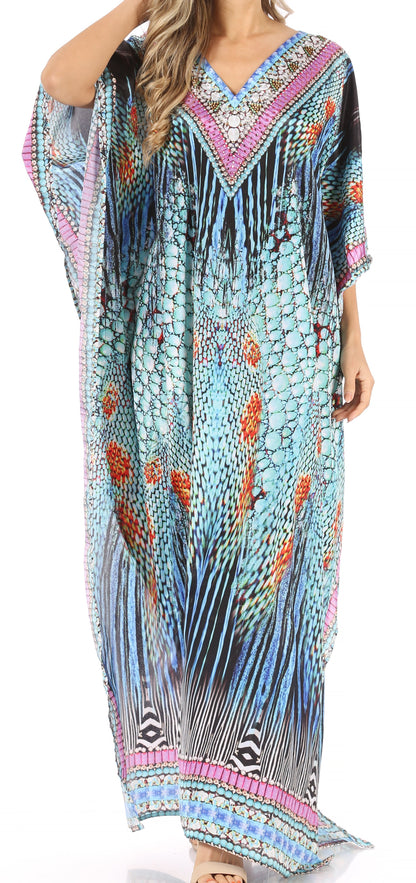 Sakkas Anahi Flowy Design V Neck Long Caftan Dress / Cover Up With Rhinestone