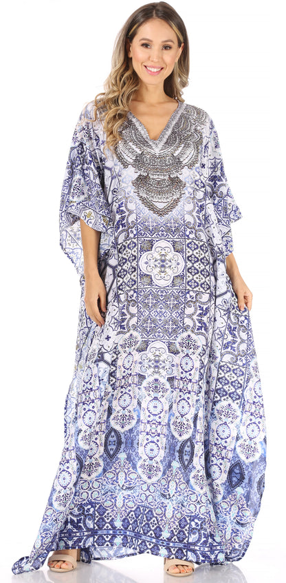 Sakkas Anahi Flowy Design V Neck Long Caftan Dress / Cover Up With Rhinestone