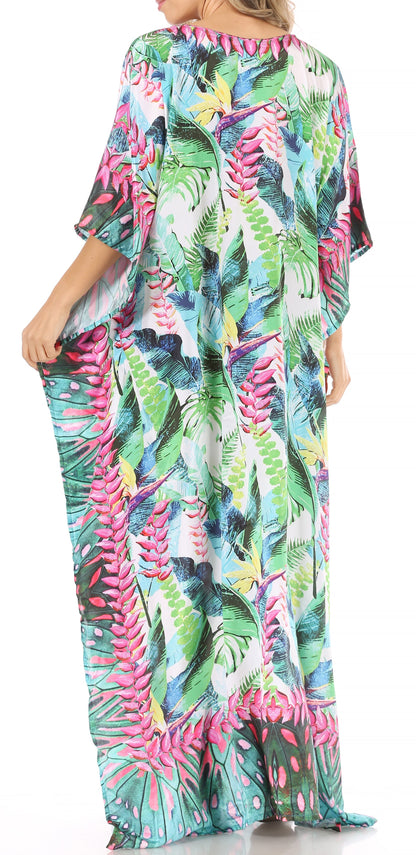 Sakkas Anahi Flowy Design V Neck Long Caftan Dress / Cover Up With Rhinestone