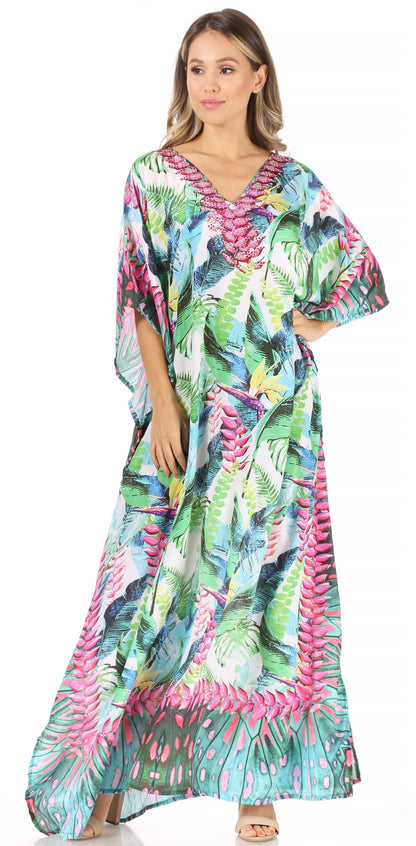 Sakkas Anahi Flowy Design V Neck Long Caftan Dress / Cover Up With Rhinestone