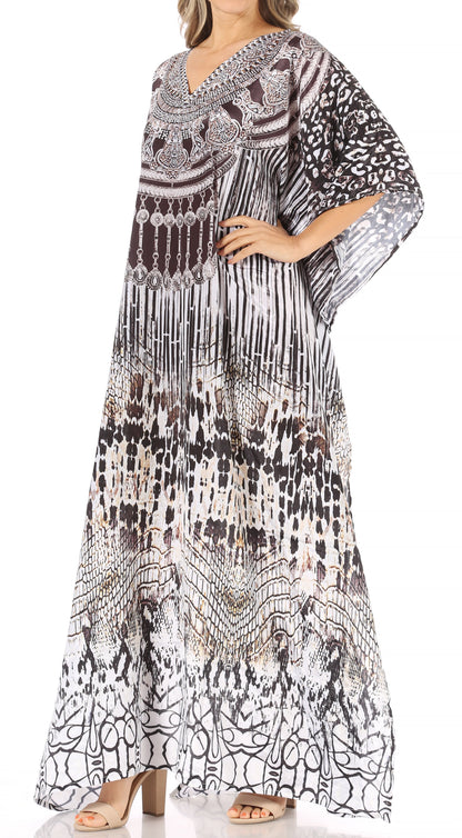 Sakkas Anahi Flowy Design V Neck Long Caftan Dress / Cover Up With Rhinestone