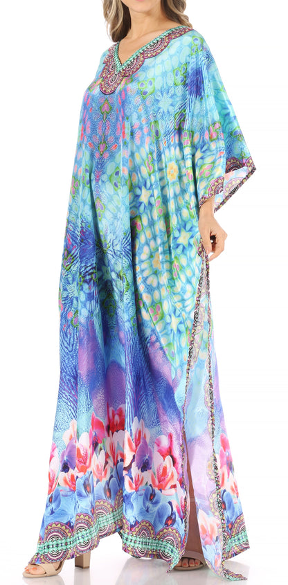 Sakkas Anahi Flowy Design V Neck Long Caftan Dress / Cover Up With Rhinestone