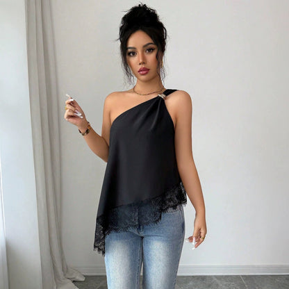 Model wearing black off-shoulder lace patchwork vest with metal buckle and irregular hem paired with jeans