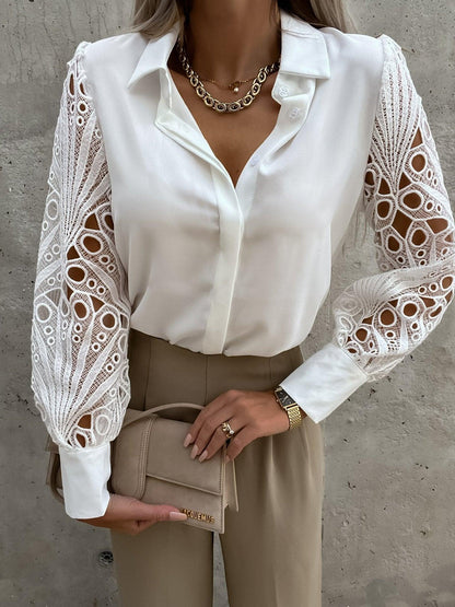 Luxe Lace Button-Up Top - Elegant Cotton Blouse with Lace Details