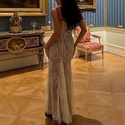 Ivory white long-sleeve lace shawl mermaid maxi dress set with square neckline and backless design