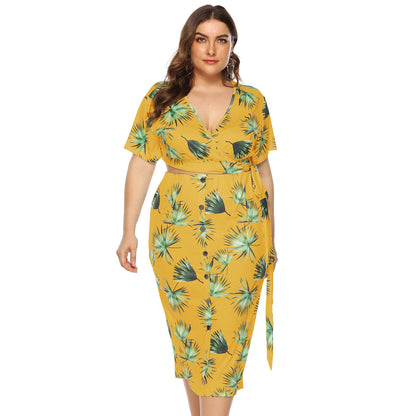 Plus Size Printed V-Neck Crop Dress Two-Piece Set