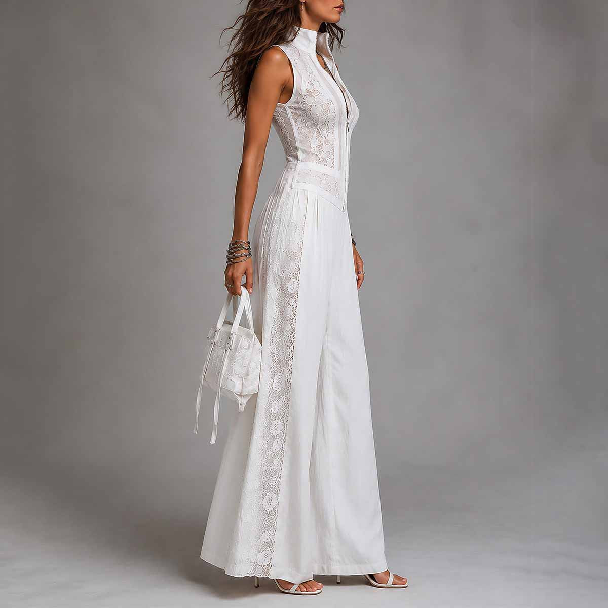 Front view of a light blue floral printed dress showcasing a draped crossover neckline, structured high waist, and an asymmetric ruffled trumpet hem.