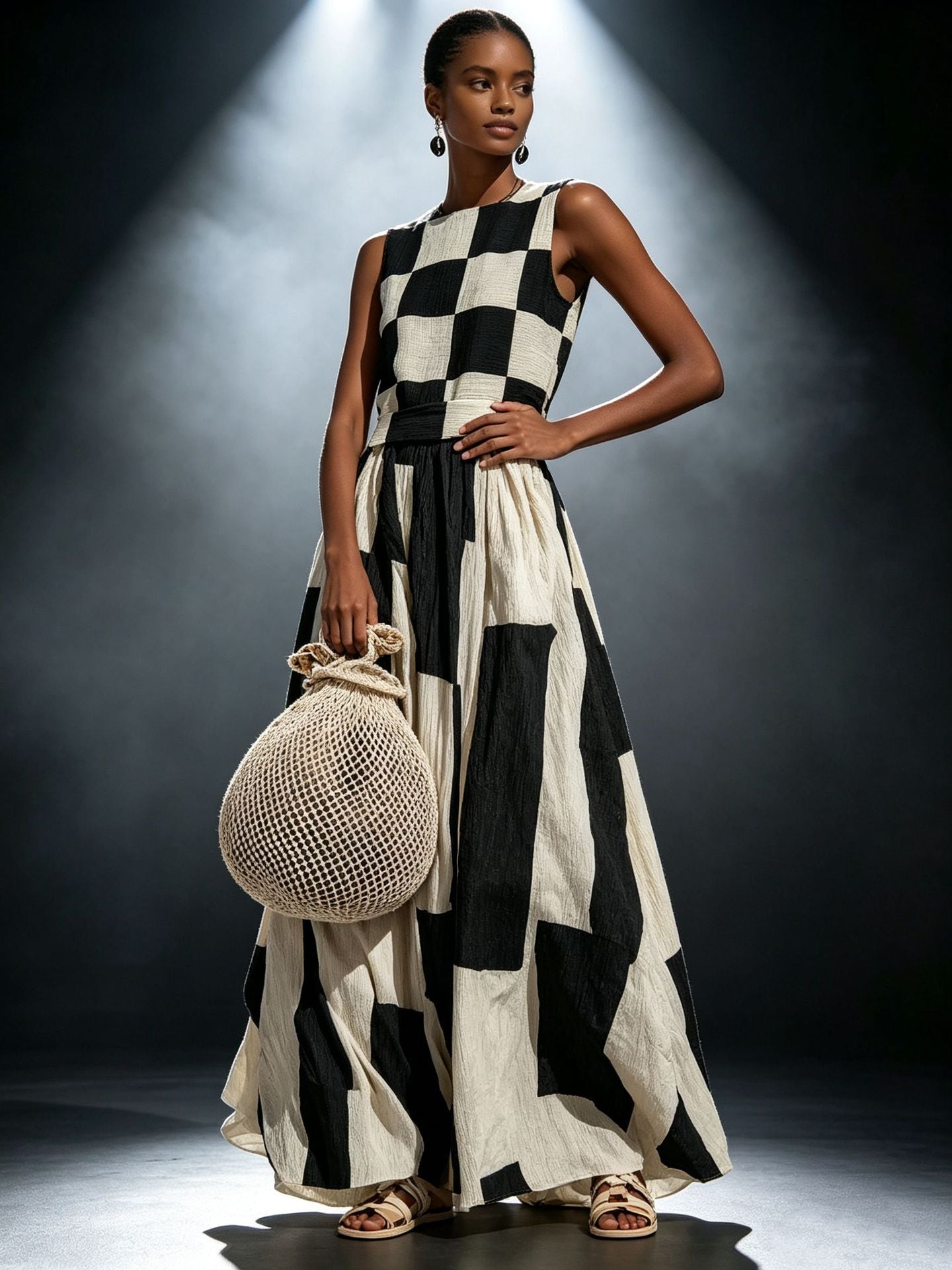 Full-body outdoor view of a model in a light blue floral off-the-shoulder midi dress featuring a tailored bodycon silhouette, asymmetric trumpet hem, white high heels, and a leather handbag.