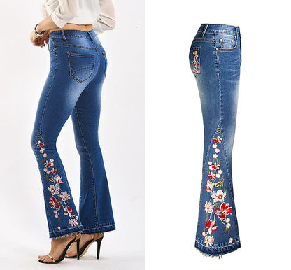 Flared Leg Embroidered Denim Jeans | Cowgirl Style with a Floral Touch