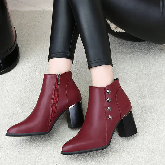 Rivet Chunky Heels with Pointed Toe, European Style