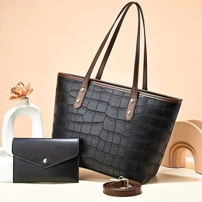 Crocodile Embossed Tote Bag Set with Clutch Purse