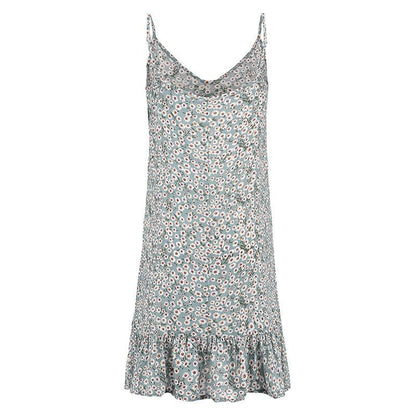 Floral Print Summer Dress Spaghetti Strap Mini Dress Ruffled