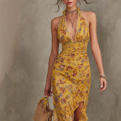 Three-quarter view of Women's Halter Neck Deep V Floral Maxi Dress showcasing the halter neckline and woven accessory styling