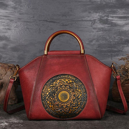 Mandala Embossed Leather Shoulder Bag