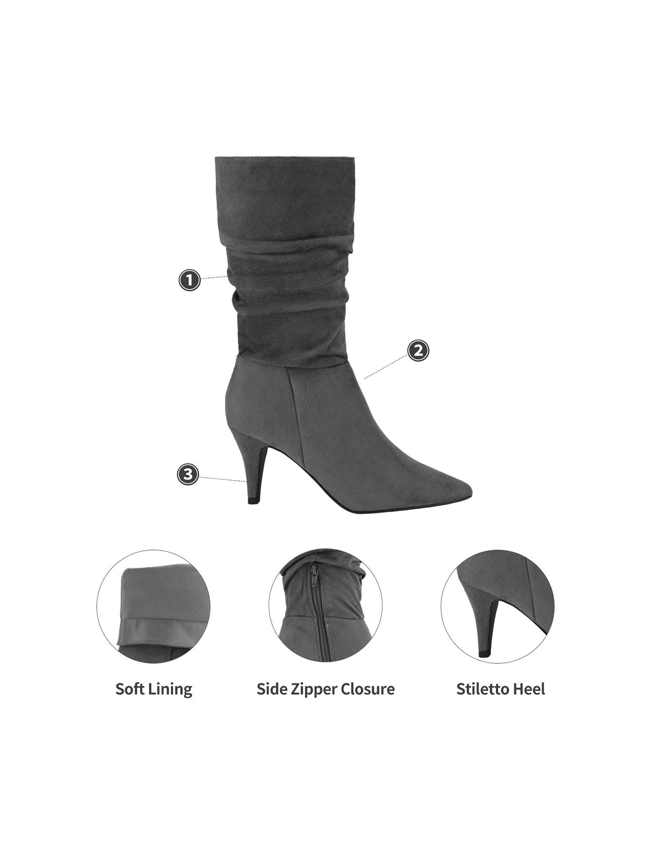 Women's Stiletto High Heel Pointed Toe Suede Mid Calf Boots For Fall/Winter, Classic Slouchy Soft Comfortable Boots