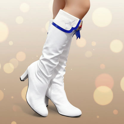 Women's white knee-high slouch boots with high block heels, blue cuff trim, and jewel embellishment detail.