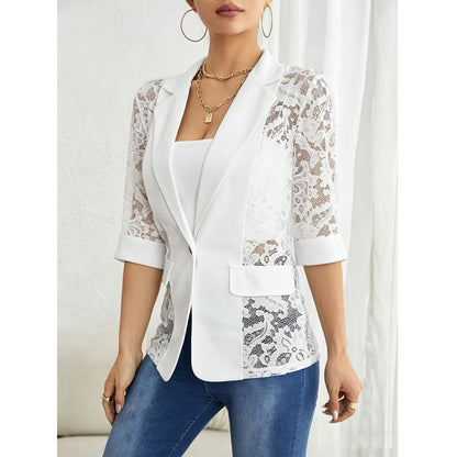 Women's Lace Patchwork Blazer | Three-Quarter Sleeve One-Button Suit Jacket in White & Black