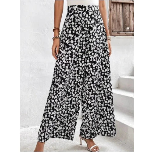 Plus Size Women's Ditsy Print High Rise Wide Leg Pants