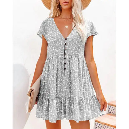 V-Neck Button Floral Short Sleeve Casual Dress