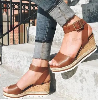 Wedge Heel Women's Sandals with Buckle