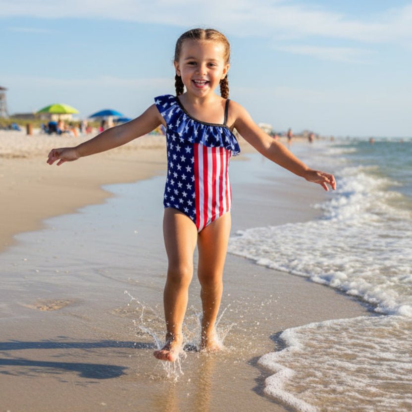 Girl's Ruffled USA Flag One Piece Swimsuit