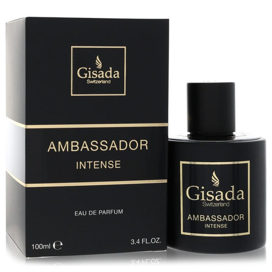 Gisada Ambassador Intense Eau De Parfum bottle displayed upright next to its matching luxury packaging box.