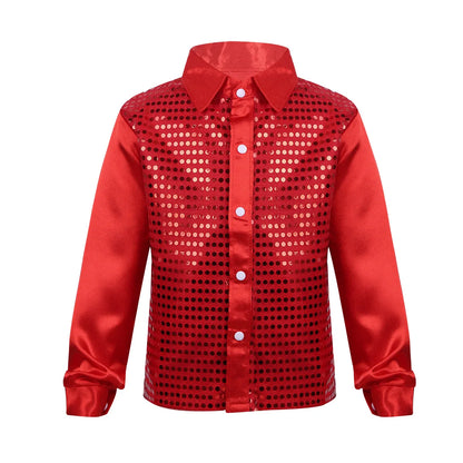 Kids Boys Shirts Shiny Sequined Long Sleeve Shirt Tops For Choir Jazz Street Dance Wear Child Dance Shirts Performance Costumes