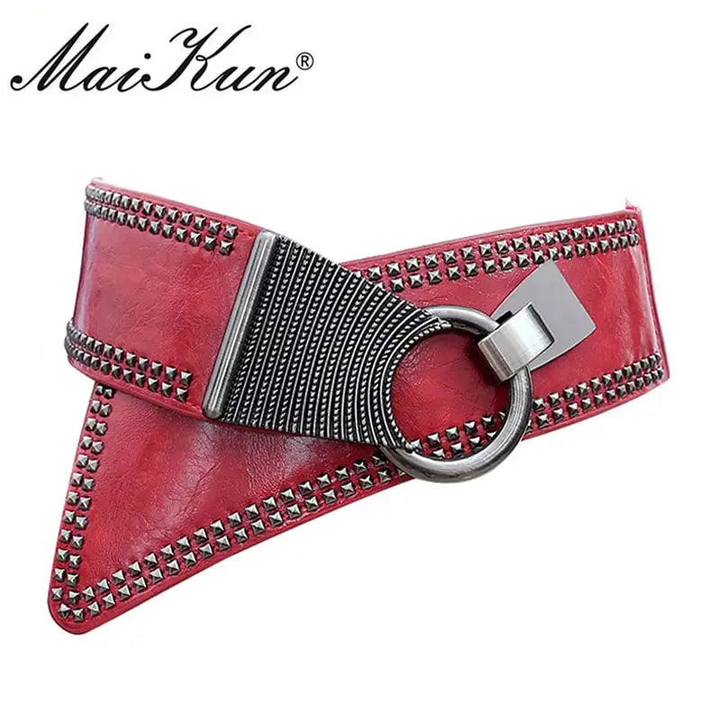 Maikun Fashion Punk Rocker Wide Belts for Women Elastic Wide European Style Women Belts Metal Round Buckle
