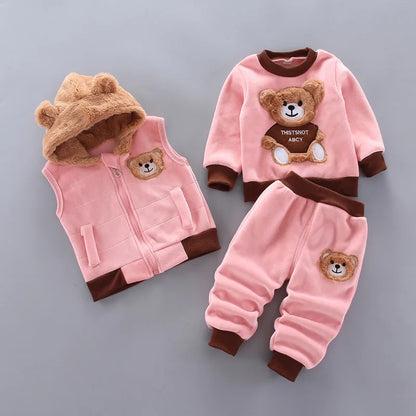 Baby Boy Clothes 2023 Autumn Cotton Thick Warm Casual Hooded Sweater Winter Cartoon Cute Bear Three-Piece Baby Girl Suit 0-5Y