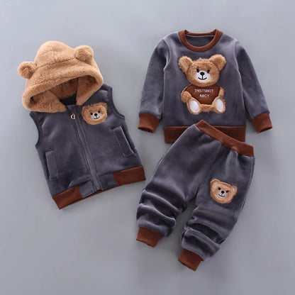 Baby Boy Clothes 2023 Autumn Cotton Thick Warm Casual Hooded Sweater Winter Cartoon Cute Bear Three-Piece Baby Girl Suit 0-5Y