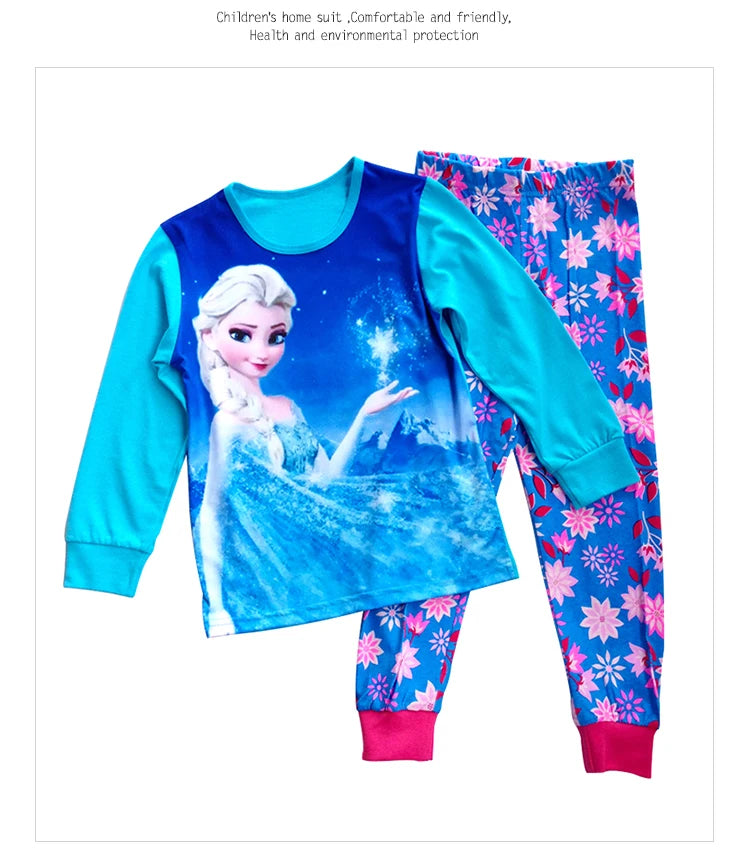 Free Shipping Girls Pajamas Kids Princess Anna Elsa Sleepwear Children Cartoon Clothing Set Baby Rapunzel Pijamas Cotton Pyjama