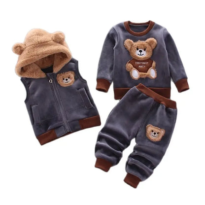 Baby Boy Clothes 2023 Autumn Cotton Thick Warm Casual Hooded Sweater Winter Cartoon Cute Bear Three-Piece Baby Girl Suit 0-5Y