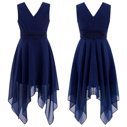 Teen Girls Elegant Scoop Neck Floral Lace Formal Wedding Party Dress Flower Girls Long Sleeve High-Low Chiffon Bridesmaid Dress