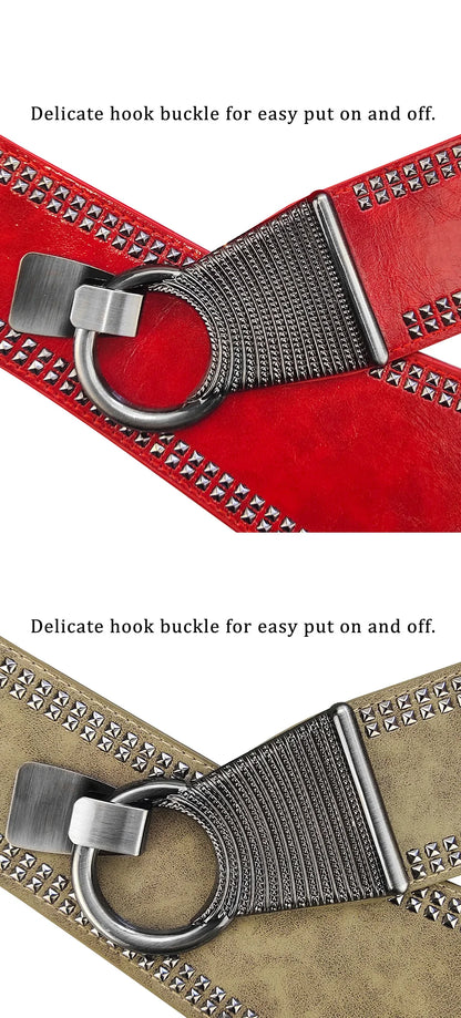 Maikun Fashion Punk Rocker Wide Belts for Women Elastic Wide European Style Women Belts Metal Round Buckle