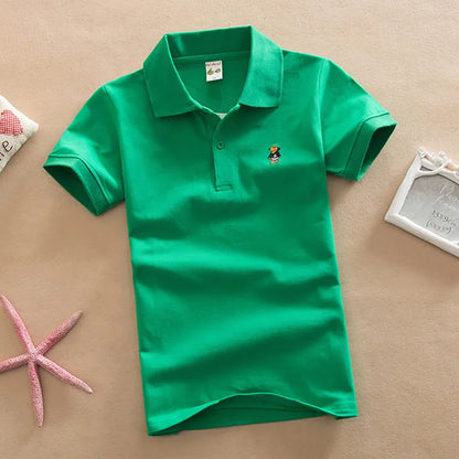 Boys Teens Short Sleeve Shirt 2023 Summer Fashion Cartoon Bear Embroidery School Clothes Little Girl Polo Shirts 2-14 Years Tops