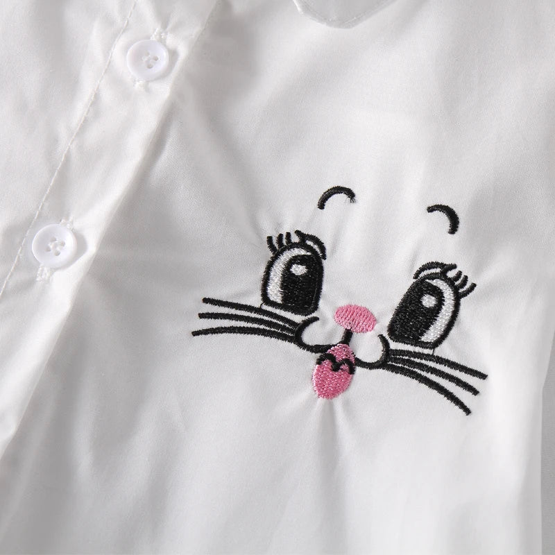 Girls White Blouse Fall Cute Long Sleeves Children Cartoon Shirts Girl Blouses Cat Teenager School Clothes Kids Top girl clothes