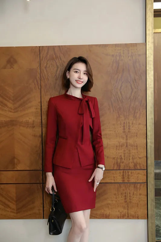 Red Suits Women High End New Business Fashion Temperament Bow Design Long Sleeve Formal Blazer And Skirt Office Ladies Work Wear